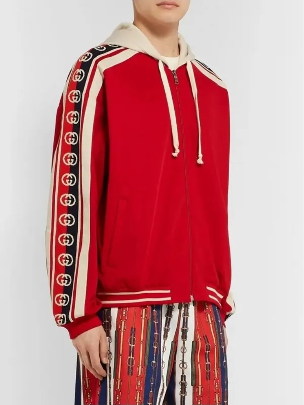 Gucci Red and Cream Logo-Trim Bomber Hoodie